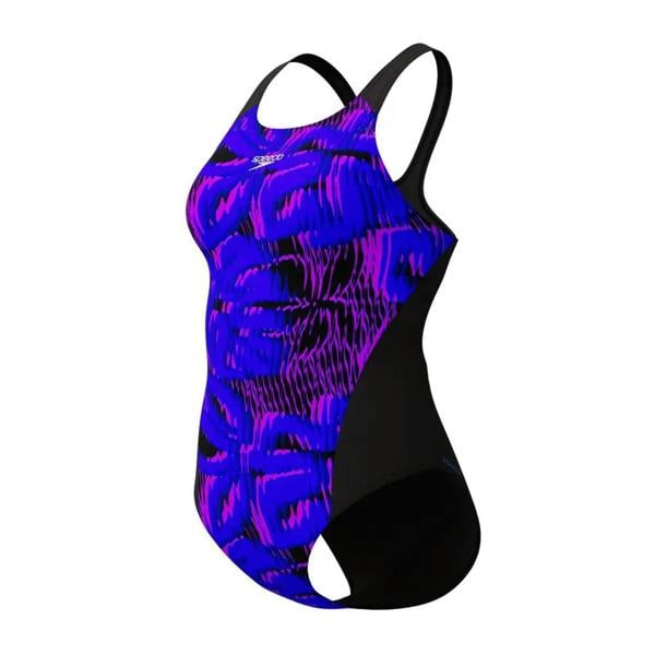 Speedo Allover Digital Recordbreaker swimsuit in blue black with abstract pattern