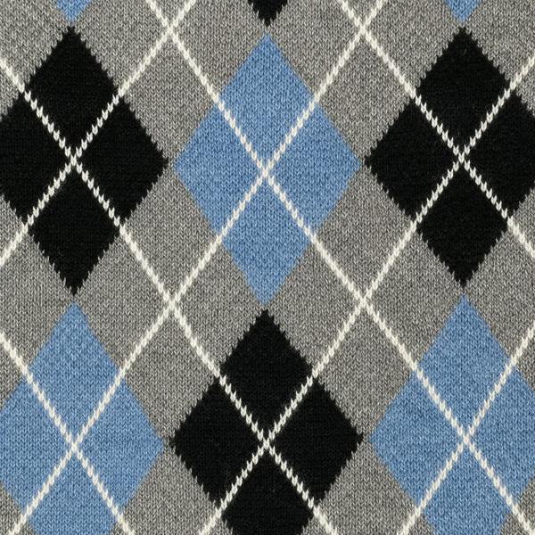 Knitted argyle pattern in charcoal marl, black, and county blue with white diamond-shaped cross-stitch detailing.