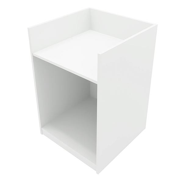 Polaris LED shop counter set in white, featuring a sleek, modern design with a smooth surface and open storage space below
