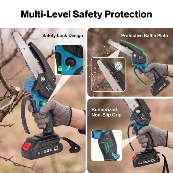 Traderight Mini Chainsaw Cordless 6In and 8In Dual Bar Garden Pruning Black Blue