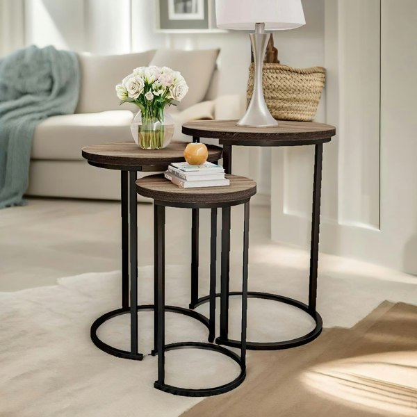 Rafaelo Mobilia Set Of 3 Round Wooden Nesting Tables Brown