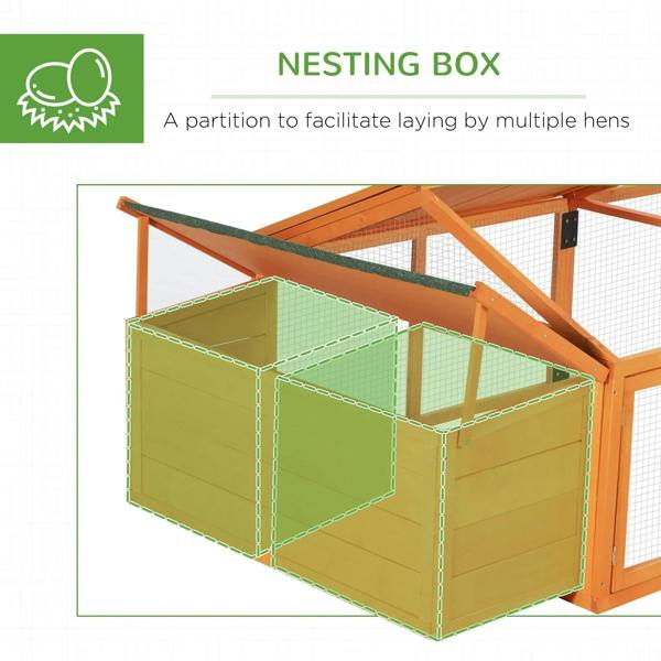 Partitioned nesting box inside orange wooden chicken coop with wire-mesh divider.