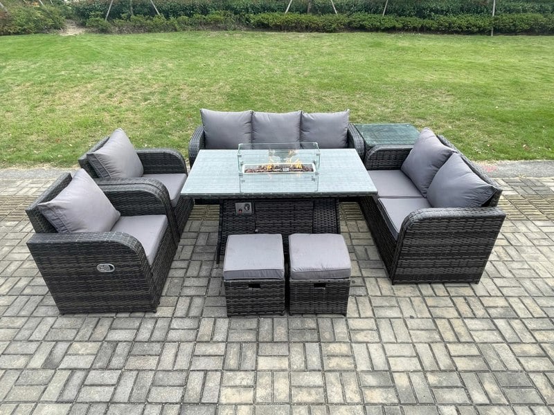 Fimous 9 Seater PE Wicker Outdoor Rattan Garden Furniture Set Propane Gas Fire Pit Table and Sofa Chair set with Side Table 2 Small Footstools
