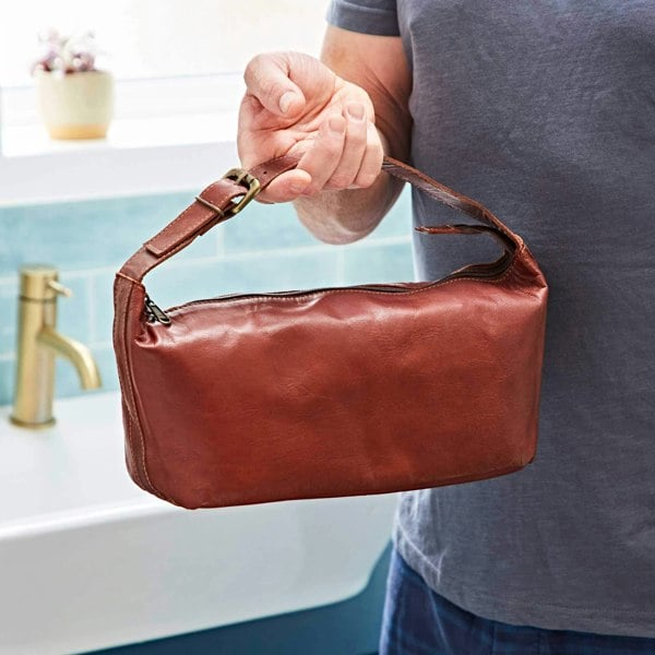 Paper High Brown Leather Wash Bag with Strap