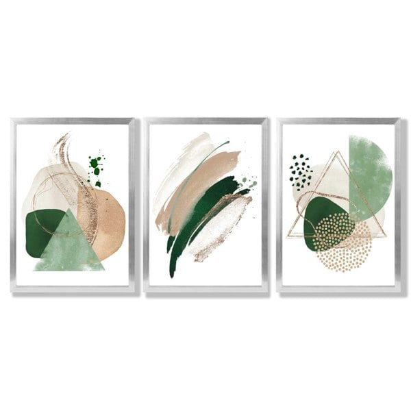 Abstract Set of 3 Sage Green and Beige Framed Art Prints with Silver Wood Frames
