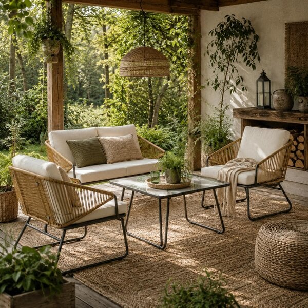 Wyld Haus Lupano Natural Rattan Rope White Cushions 4 Seater Outdoor Sofa Set with Square Table