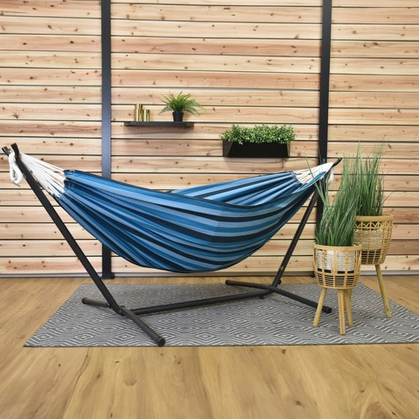 Vivere Double Cotton Hammock with Stand (250cm) - Blue Lagoon