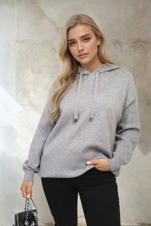 Mikayla Back Heart Print Knitted Hoodie - Grey