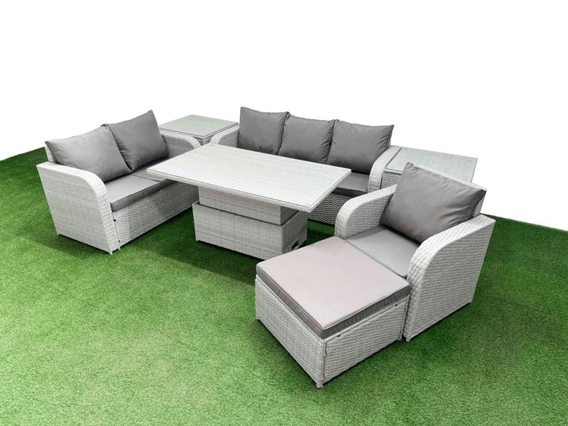 Fimous 7 Seater Wicker Patio Garden Furniture, Adj Height Table, Reclining Chair, Loveseat, 3 Seater Sofa, Big Footstool & 2 Side Tables Light Grey