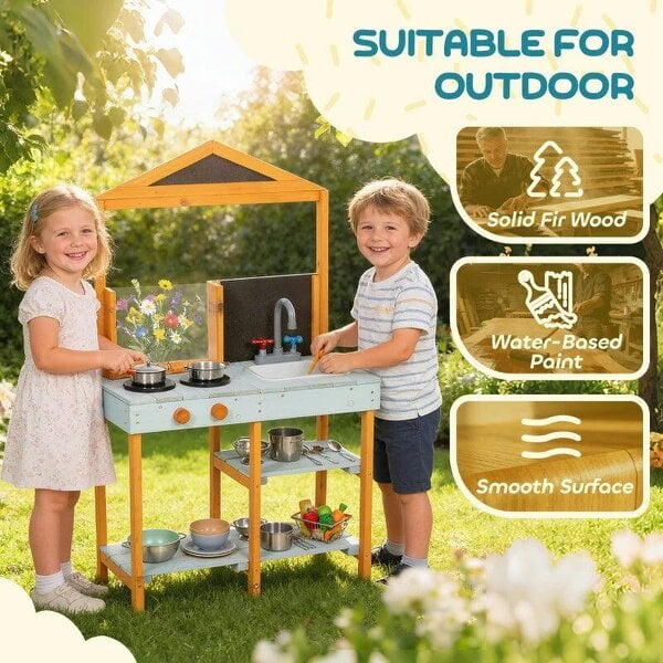 Bobobiy Mud Kitchen for Kids, Outdoor Wooden Play Kitchen with Sink, Stove, Cookware, Shelves, Pretend Play Toy for Ages 3-8