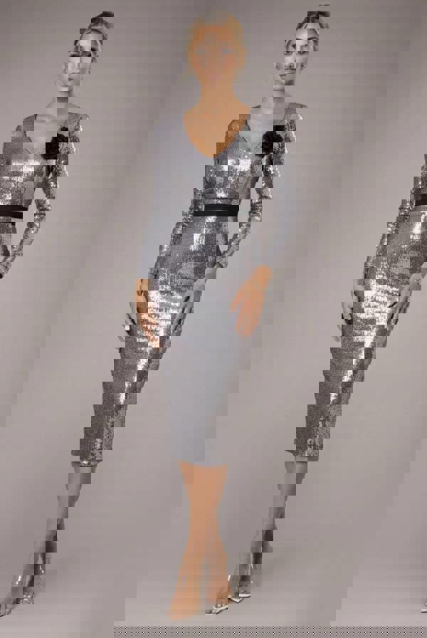 Liquid Sequin Midi Dress With Corsage - Silver DR4072