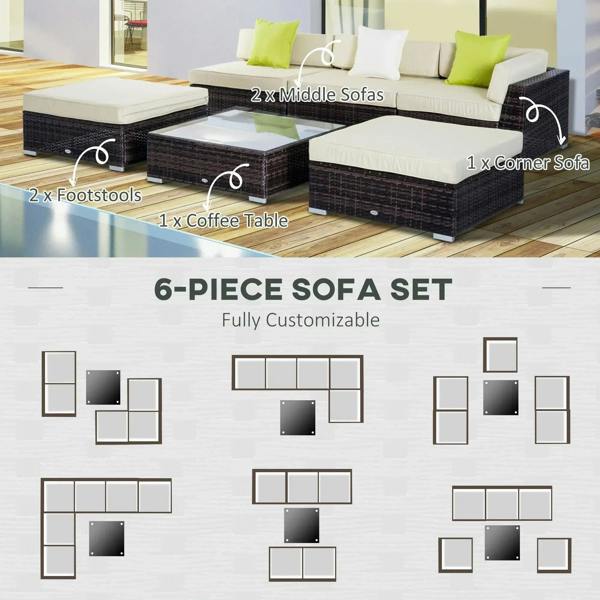 6-piece brown rattan sofa set with white cushions, green pillows, coffee table, and ottomans