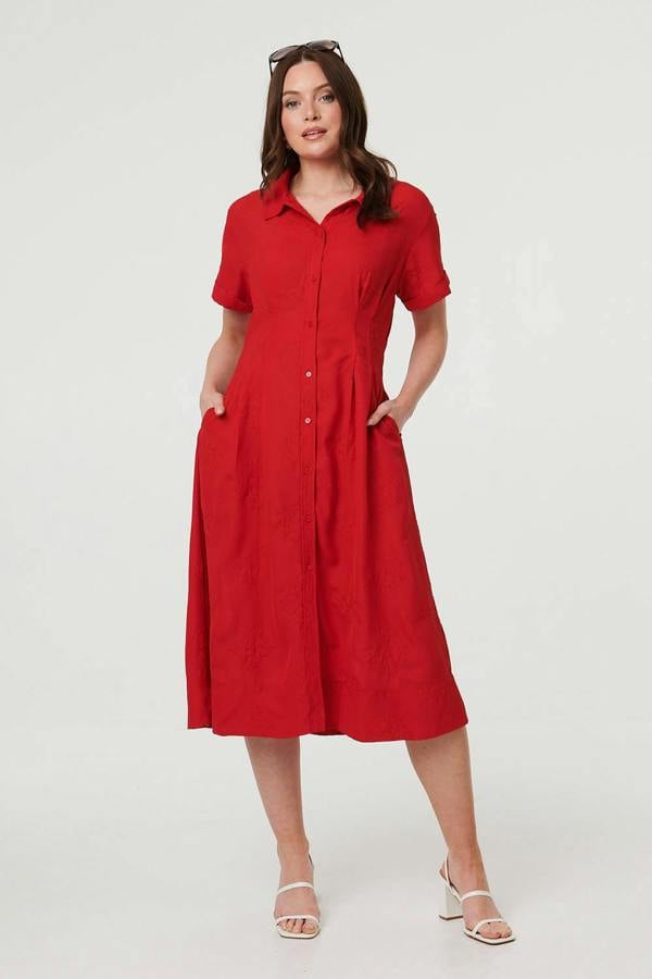 Red | Short Sleeve Flared Midi Shirt Dress : Model is 5'9"/175 cm and wears UK8/EU36/US4/AUS8