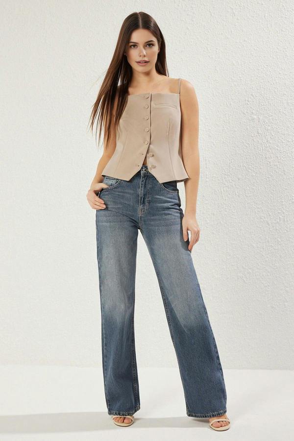 WOVCOR Faded Effect Vintage High-Waisted Wide Leg Jeans
