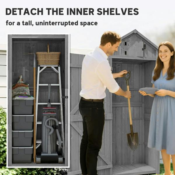 Grey wooden garden shed with open double doors and internal storage shelves