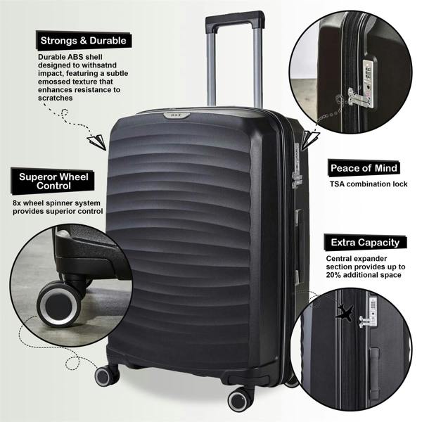 Rock Luggage Hard Shell Classic Suitcase 8 Wheel Cabin Luggage Trolley Travel Bag