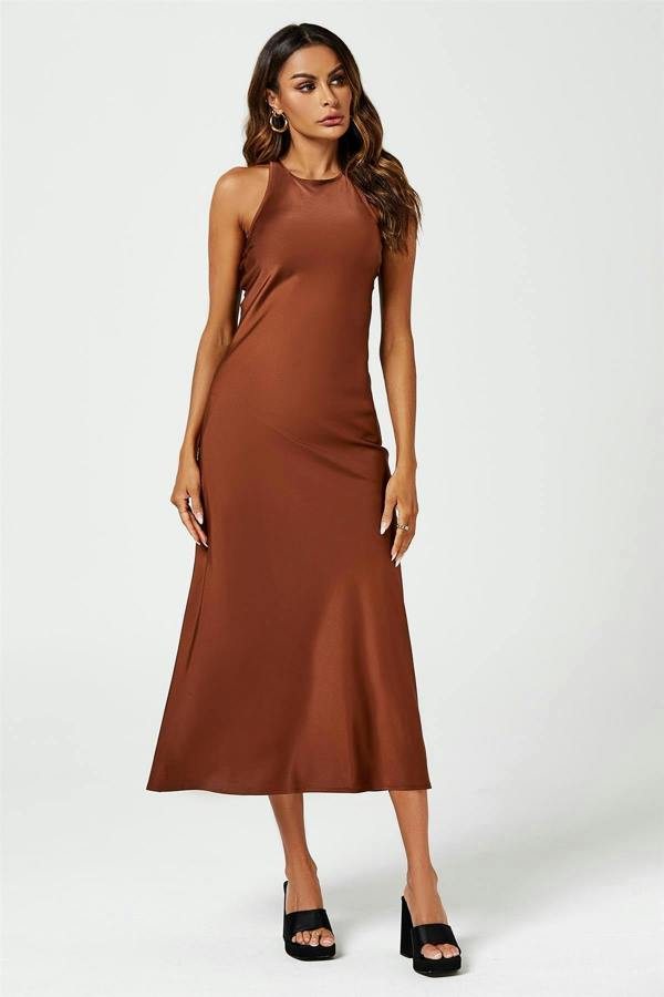 FS Collection Slim-Fit Satin Midi Dress In Brown