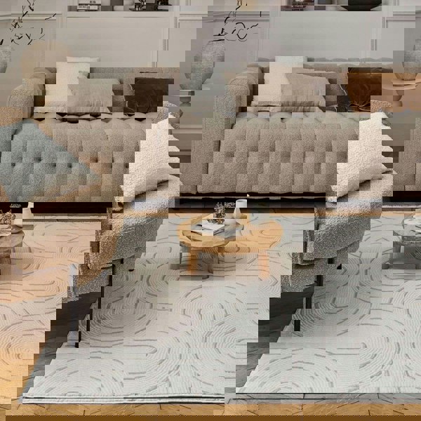 Living Room rug, beige-cream colours, geometric, practicality in mind, the rug is anti-allergic.