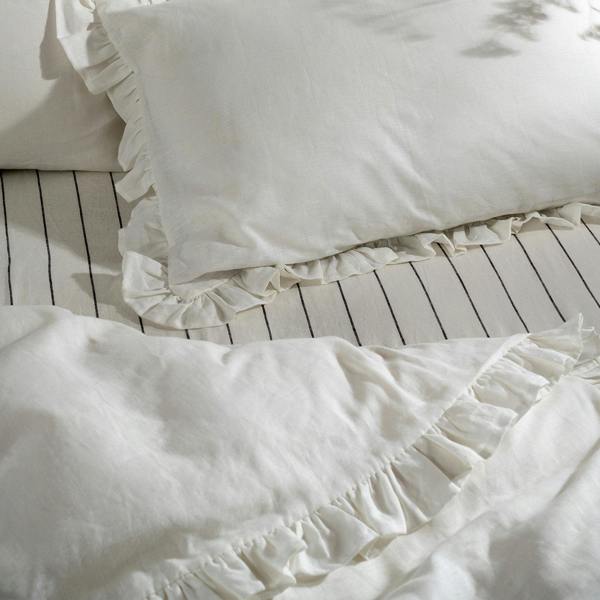 White Ruffled Linen Cotton Blend Duvet Covers close-up detail 3 | Soak and Sleep