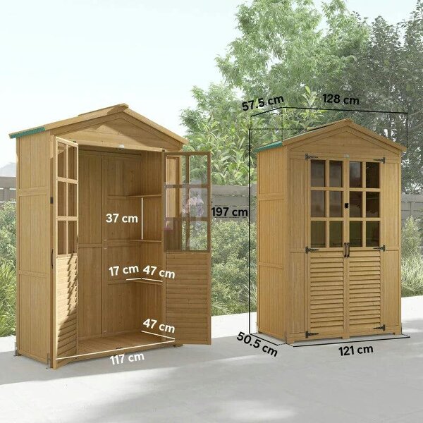 Outdoor Wooden Storage Cabinet, Garden Tool Shed with Acrylic Windows for Patio, Light Brown