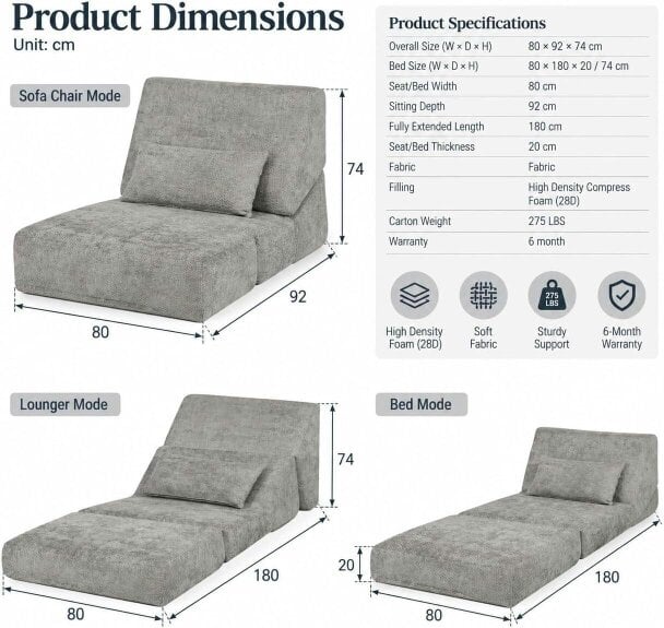 HOMEWEDO  Foldable Floor Sofa Bed Chair, 3-in-1 Convertible Lounger with Pillow