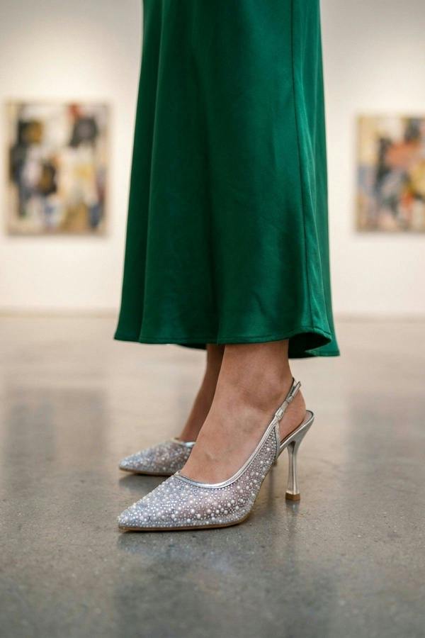 Cordelia Embellished Mesh Pointed Toe Heels - Silver