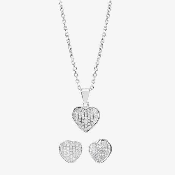 T. H. Baker Silver Pave Heart Pendant and Studs Set E611718+P611854