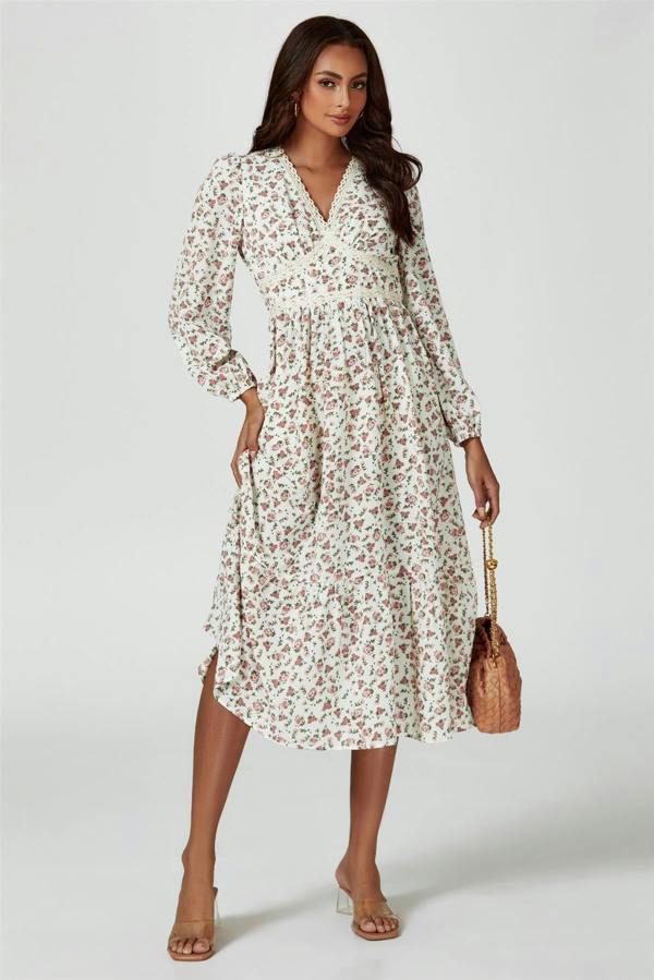 FS Collection Floral Print Long Sleeve Midi Dress In White