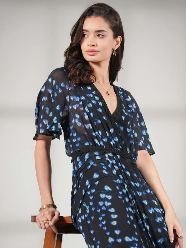 Rose & Nancy Pippa Black Blue Floral Lace trim Maxi Dress