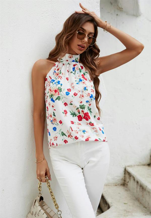 FS Collection Multicolour Floral Print  Halter Neck Tie Back Top In White