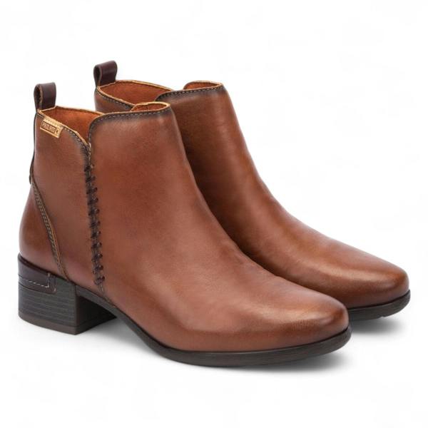 Pikolinos Women's Pikolinos Malaga Cuero Brown Leather Ankle Bootie Zip Mid-Heel Everyday Boots