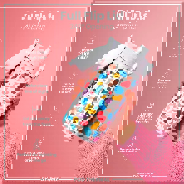 A colorful water bottle with a 240° opening lid is being held; the lid folds back completely, sits away from the face, providing a clear view. The bottle is perfect for on-the-go drinking.