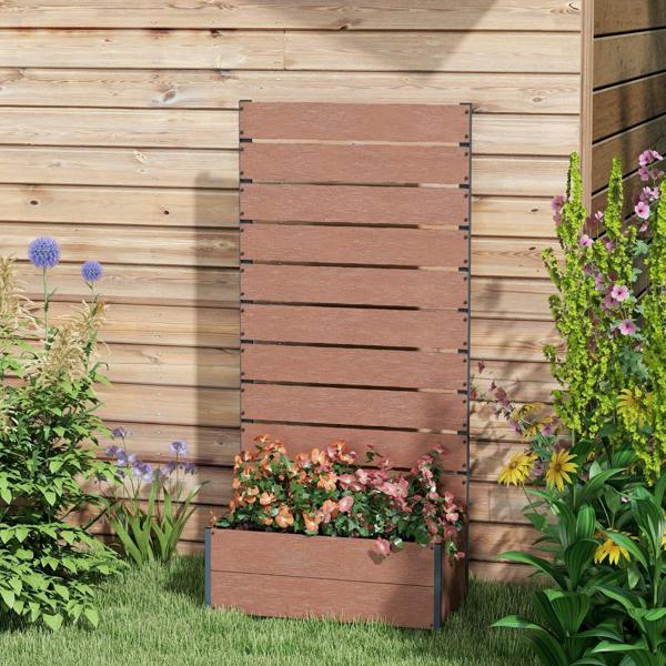 Brown garden trellis planter with front planter box and climbing trellis slats