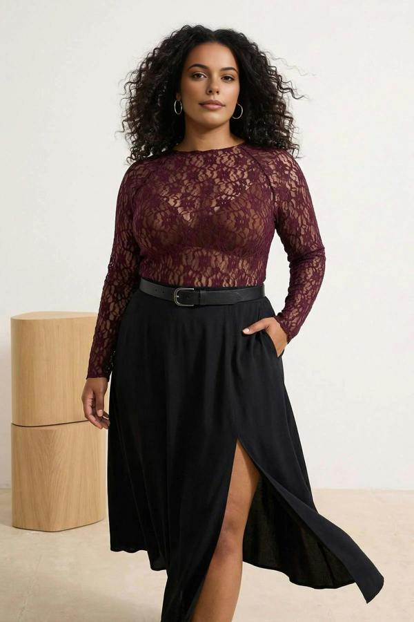 WOVCOR Black Lace Knit Plus Size Blouse