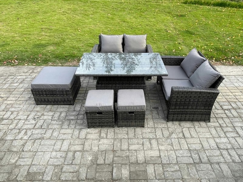 Fimous 7 Seater Wicker Rattan Garden Furniture Rising Table Set with 3 Footstool Double Seat Sofa Dark Grey Mixed