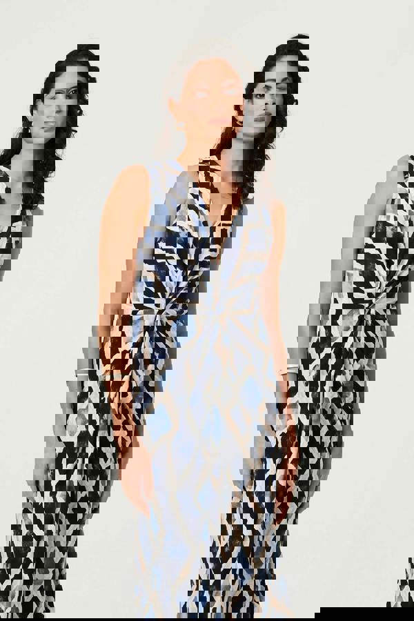 Navy | Printed Sleeveless Twist Midi Dress
