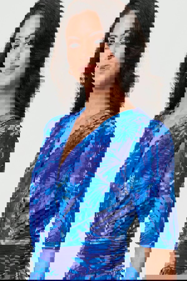 Blue | Printed 1/2 Sleeve Wrap Midi Dress
