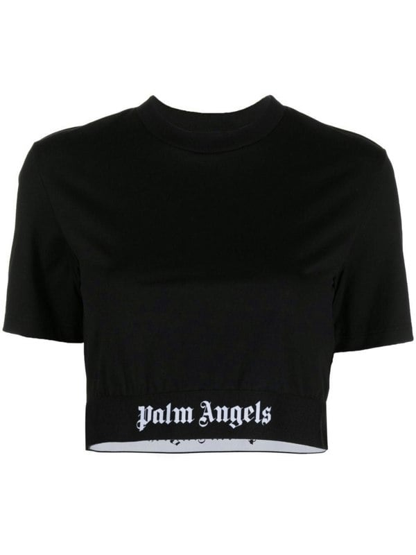 Palm Angels Logo Tape Cropped Tee Black White - Supplied FashionPalm Angels