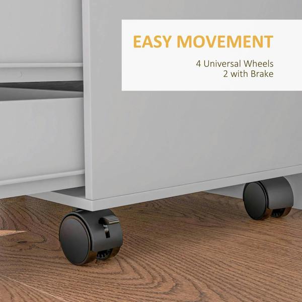 White mobile storage cabinet with 2 caster wheels and brake for stability