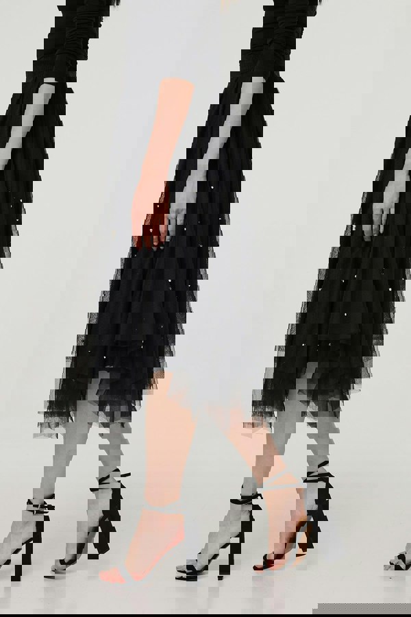 Black | Reversible Hanky Hem Mesh & Knit Midi Skirt
