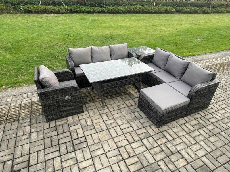 Fimous 8 Seater Dark Grey Mixed Rattan Garden Dining Set - Oblong/Rectangular Table, 3-Seater Sofa & Footstool