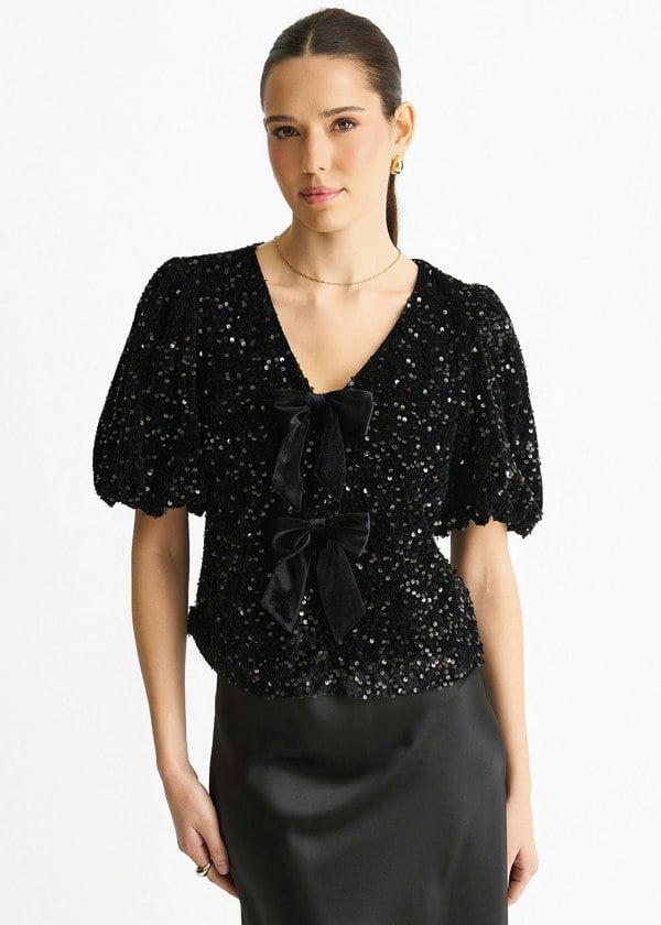 Gini London Black Velvet Sequin Bow Front Bubble Sleeve Top