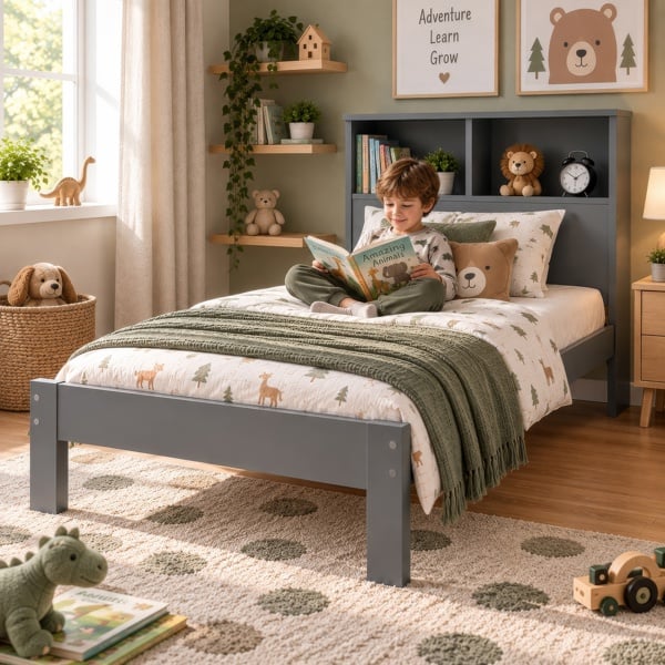 Maserri Easton Wooden Single Bed Frame with Shelf Headboard, White or Grey