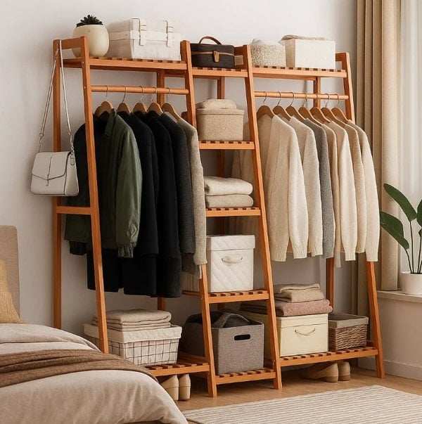 Modcraft Large Wooden Clothes Rail Rack – Heavy Duty Garment Stand Corner Open Wardrobe Shelf Organizer