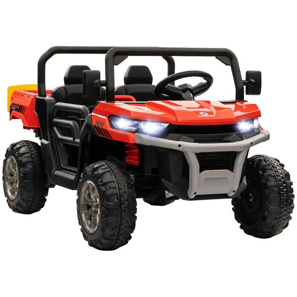 Red two-seat kids electric ride-on car with electric bucket, headlights, chunky tires