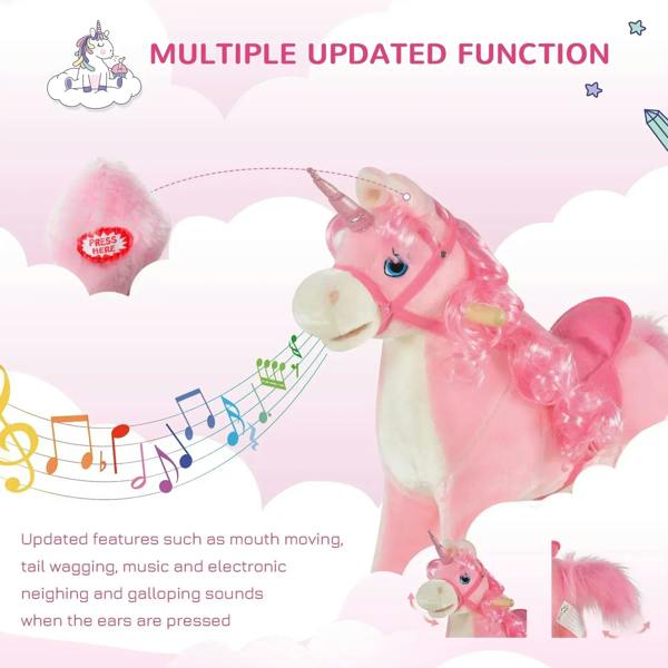 Pink plush rocking unicorn ride-on toy with detailed face and flowing mane
