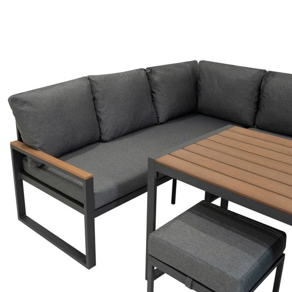 Jardi Aluminium Corner Sofa Set With Black Rattan Storage Box - Wood Effect