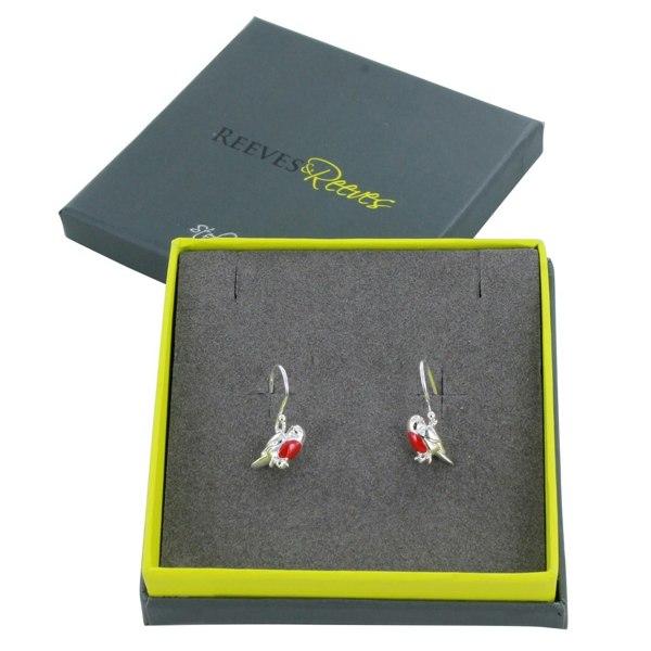 Sterling Silver Robin Drop Earrings with Enamel Detail - Reeves & Reeves