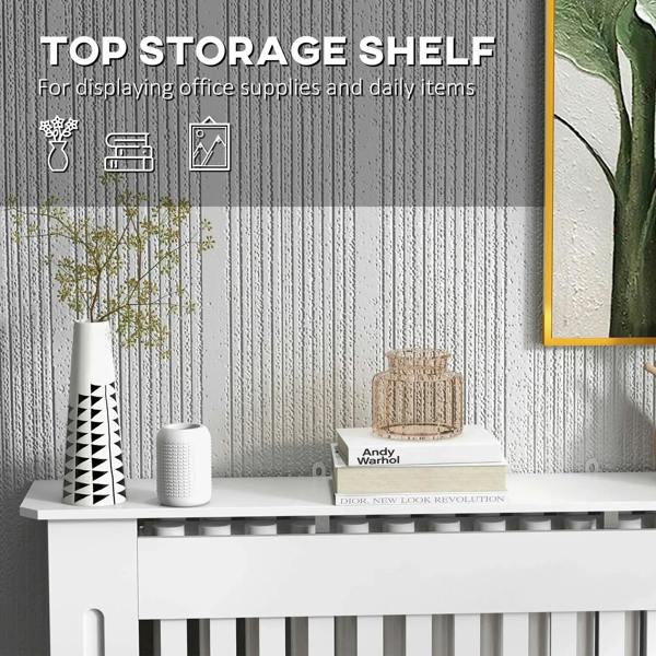 White radiator cover with top storage shelf and vertical slat front grill