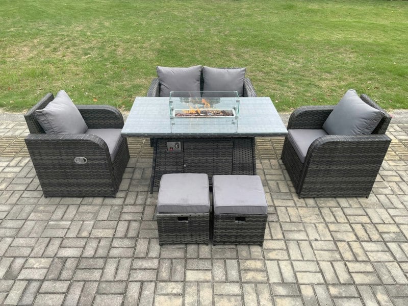 Fimous Rattan Outdoor Garden Furniture Sofa Set Gas Fire Pit Dining Table Gas Heater with Love Sofa 2 Small Footstool Dark Grey Mixed